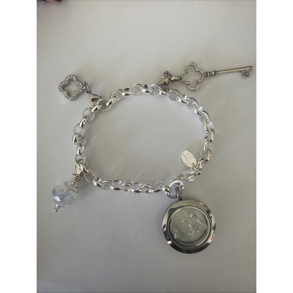 Origami Owl Silver Tone 5 Floating Crystal Charm Bracelet Locket Key Clover 7.5"
